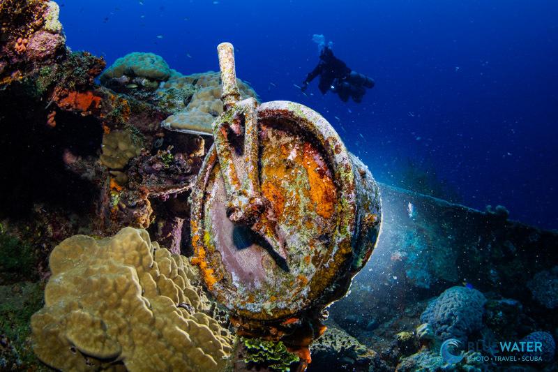 Backlighting with a remote strobe was used to create drama behind this stationary telegraph on the bow of a world war II shipwreck