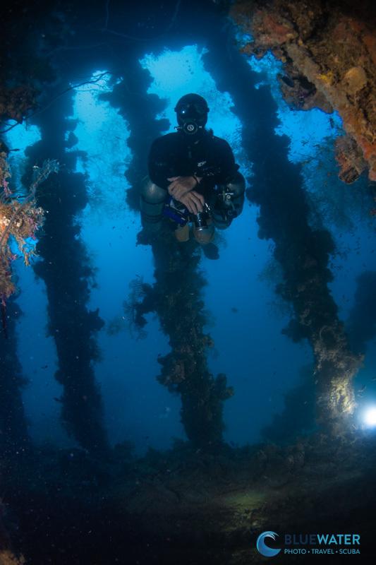 underwater photo in an engine room with a remote strobe