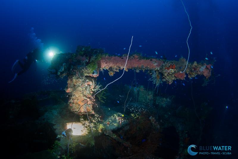 Testing the range of the lumiflux on the bow gun of the San Francisco Maru on Truk Lagoon