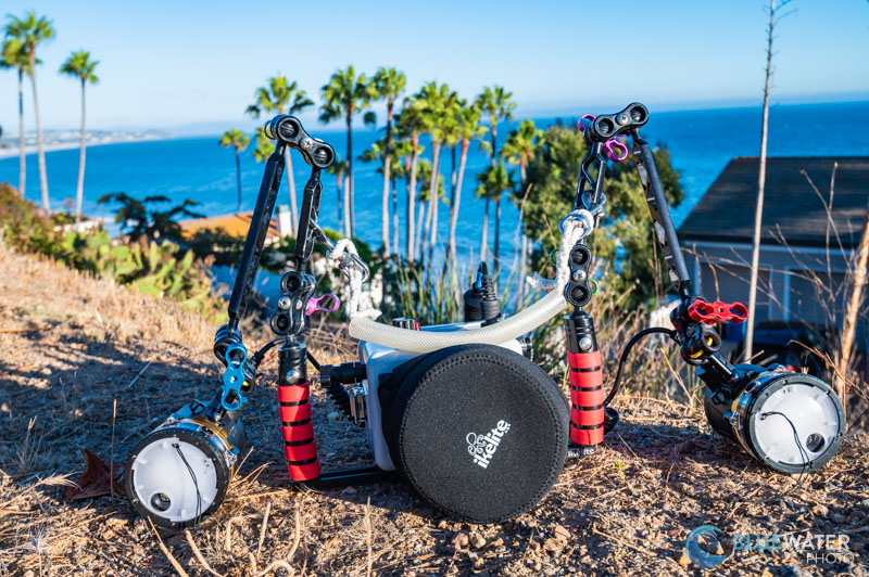 A fully decked-out Canon R100 system in the field - with two YS-D3 duo strobes, an Ikelite R100 housing, and ultralight arms and colored clamps. 